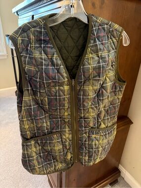 Barbour Olive and Gold Plaid Quilted Vest with Olive Lining. Like New. Size 10